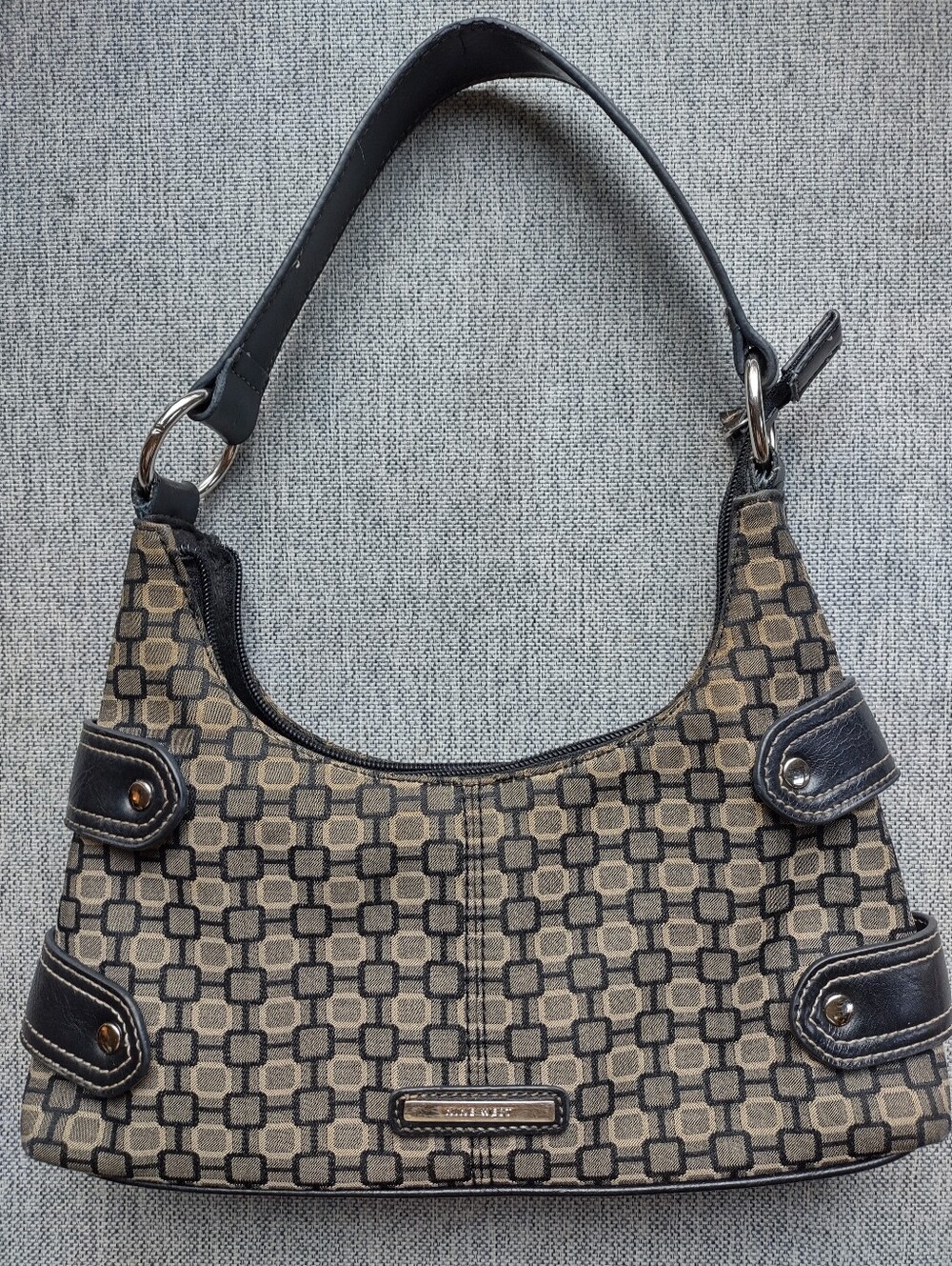 Nine West Monogram Shoulder Bag Purse Black Tan Geometric Logo Hobo Y2K Style